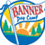 Pixelated circular icon with blue border, red 'BANNER' text above white flag-like shape over landscape scene of yellow suns and green trees on orange ground.
