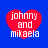 Four red heart-shaped icons with white text "johnny and mikaela" on a blue background, each displaying slight variations in pixelation.