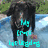 A pixelated image of a black dog standing in shallow water with cyan text overlay, next to a of heart-shaped icons and yellow text