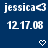 A blue background displays repeated white text 'jessica' with a right-pointing arrow and '12.17.08', with heart and downward arrow symbols changing between frames.