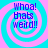 Four identical display 'Whoa! Thats weird!!' text over cyan and pink spiral backgrounds with pixelated blue lettering