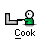 Pixel art icon of a green-shirted figure at a desk with a computer, labeled 'Cook' below, showing animation frames with head and arm movements.