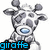 Pixelated giraffe icon with blue eyes and gray spots, displaying text in cyan, green, and yellow across three views.