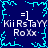 =] KiiRsTaYY RoXX repeated in four quadrants with cyan pixelated border on dark blue background.