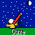 Pixel art animation of a yellow character with white eyes and red telescope against blue starry background, green ground, and white moon, with 'Gaze' text below.