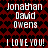 Red background with black heart pattern, white text repeating 'Jonathan David Owens' and 'I LOVE YOU!' in pixelated font.