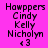 Pixelated text list on bright pink background with white horizontal bars obscuring parts of the names.