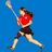 A pixelated figure in a red shirt and black skirt runs while holding a lacrosse stick, with three sequential poses showing motion against a blue background.