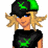 Pixelated character with blonde hair and blue eyes wears black cap and shirt featuring green X symbol, surrounded by green pixel text.