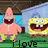 Pixelated cartoon characters Patrick Star and Spongebob Squarepants stand on green grass with blue sky background, text reads 'I love sponge & pat!' in black font.
