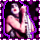 Pixelated figure with pale skin and long light hair, arms crossed over chest, set against dark background with purple border.