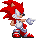 Pixel art character with red spiky hair, white chest armor, and red-and-gray limbs in a pointing pose against white background.