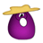 Pixelated purple egg-shaped figure with a white oval mouth, single visible eye, and yellow straw hat against gray background.