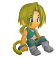 Pixel art character with blonde hair and tail sitting, wearing green sleeveless top and gray boots across showing subtle pose changes