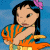 Pixelated image of a character with dark hair and a pink bow holding an orange and teal striped fish against a blue background.