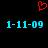 Red pixelated heart symbol above two identical blue date strings on black background, all rendered in low-resolution digital style.
