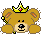 Pixelated brown bear with yellow crown and staff, static expression on light gray background.