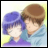 A 48x48 pixel animated contact sheet showing two anime-style characters on the left and text elements on a black background to the right, with visible pixelation and dithering effects.