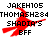 Pixelated red figure with outstretched arms and legs, overlaid on black text reading JAKEH105, THOMASH284, SHADIA'S, BFF on white background.