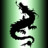 Black silhouette of a dragon with curved body and extended limbs against gradient green background, rendered in pixelated style.