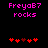 Pixelated text 'FreyaB7 rocks' in pink and red above a of red heart symbols on a black background