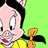 Animated cartoon character icon with pink skin, black pigtails, yellow top, and orange hair accessory against green floral background.