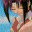 Pixelated anime-style character with purple hair and blue eyes in multiple poses against light blue background