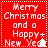 Red square icon with white dotted border displaying 'Merry Christmas and a Happy New Year' text, featuring pixelated tree and star symbols.