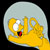Yellow cartoon character with red mouth and white eye, enclosed in light gray oval shape against black background.