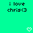 Green background with black pixelated text reading 'i love chris<3' and two white heart icons at the bottom.