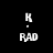 A static image displays four variations of a pixelated 'K - RAD' text layout with pink horizontal bars in different positions against a black background.