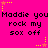 Pixelated text repeats 'Maddie you rock my sox off' on a bright pink background with yellow and orange star accents.