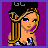 Pixel art of a blonde woman with blue eyes wearing a black cap, black and white outfit, and purple background.