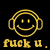 Two identical pixelated yellow smiley faces with headphones on black background, each with text below reading 'fuck u.' and 'merHoo.'