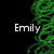 Pixelated green abstract shape on right side of black background with white text 'Emily' in sans-serif font.