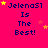 A bright pink background displays repeated text "Jelena51 Is The Best!" with scattered yellow and orange stars, some of which shift position across frames.