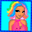 Pixelated character with rainbow hair wearing pink halter top and black pants, holding a blue ring-shaped object.