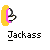 Pixelated icon with yellow and pink accents showing a stylized figure in various poses above the text "Jackass" on gray background.