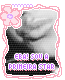 identical monochrome images showing a person in profile with arms crossed, framed by pink floral borders and text overlays