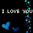 Pixelated blue hearts and text on black background with cyan particle trails.
