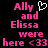 Pixelated pink text on black background reads 'Ally and Elissa were here <33' with a white heart symbol above 'Ally' in the left view.