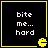 Four identical black square with yellow borders display white text 'bite me... hard' and a yellow Pac-Man icon in the bottom-right corner of each