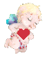 Pixelated cherub with blonde hair and blue wings holds a red heart, wearing red-and-white checkered shorts, eyes closed in first , eyes open in second