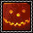 A pixelated pumpkin face with glowing eyes and mouth, bordered by a black-and-white checkered frame, with text appearing below in two variations.