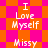 Pixelated text 'I Love Myself' and 'Missy' on orange-pink checkered background with diamond pattern.