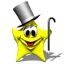 Yellow star-shaped character with silver top hat and black cane, smiling face with red mouth, gray shadow on white background.