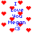 Pixelated red hearts and blue text reading "I Love You Megan <3" arranged in a scattered pattern on white background.