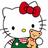 Pixelated Hello Kitty icon with red bow, green dress, and teddy bear prop; text changes from blank to 'Hello Kitty' then 'FROM ME'.
