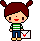 Pixel art character with brown pigtails, green-and-white striped shirt, blue pants, and yellow shoes holding a white envelope with red heart symbol.
