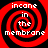 Red and black spiral pattern with white text reading 'incane in the membrane' arranged in a circular layout.